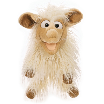 Living Puppets hand puppet Lucy the sheep with long cream-coloured shaggy fur, brown ears and legs and an open mouth