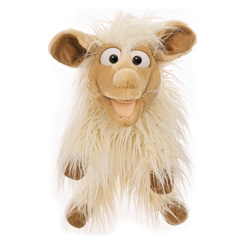 Living Puppets hand puppet Lucy the sheep with long cream-coloured shaggy fur, brown ears and legs and an open mouth