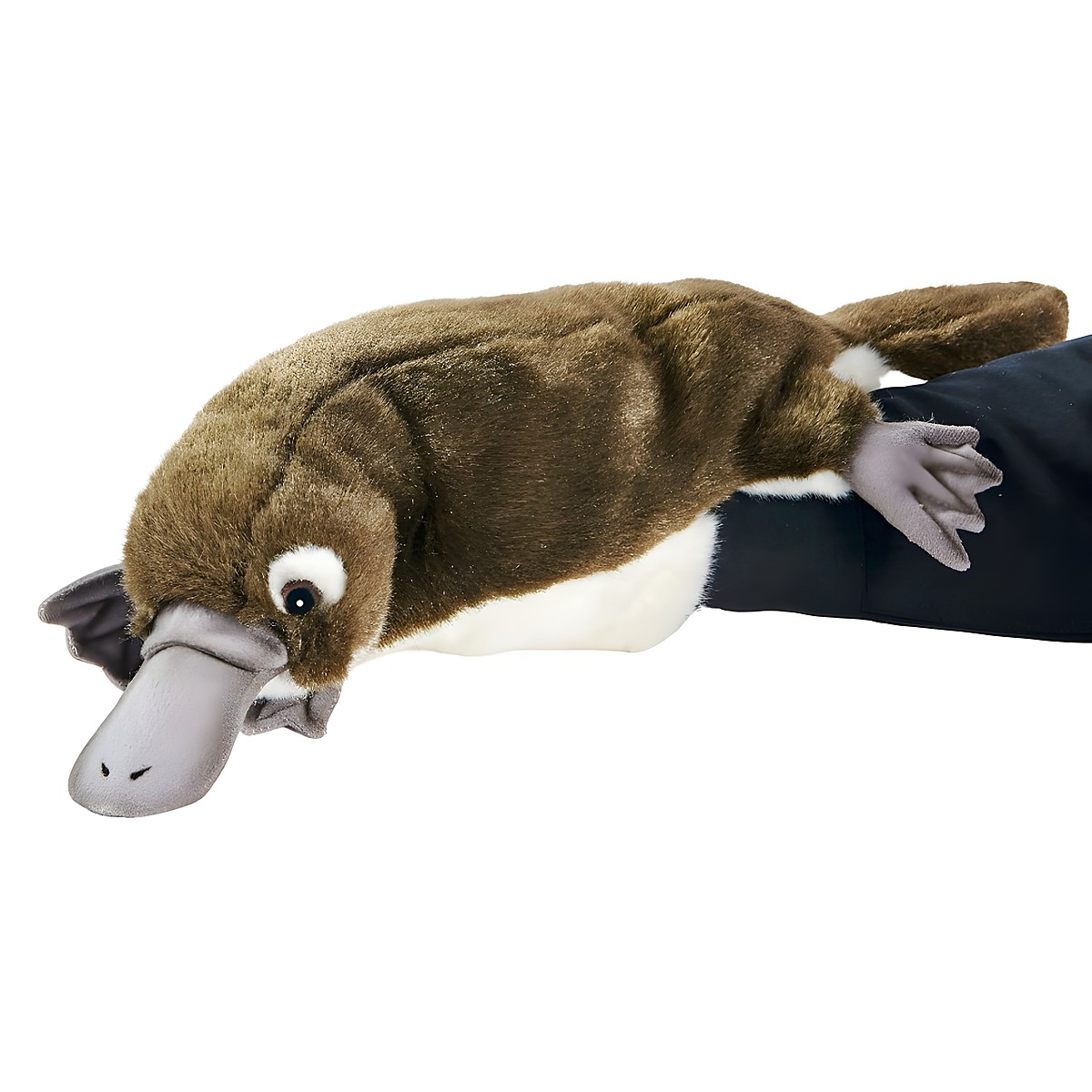 Schnabeltier Handpuppe von Hansa Creation mit braunem Fell, grauem Entenschnabel und Schwimmfüßen