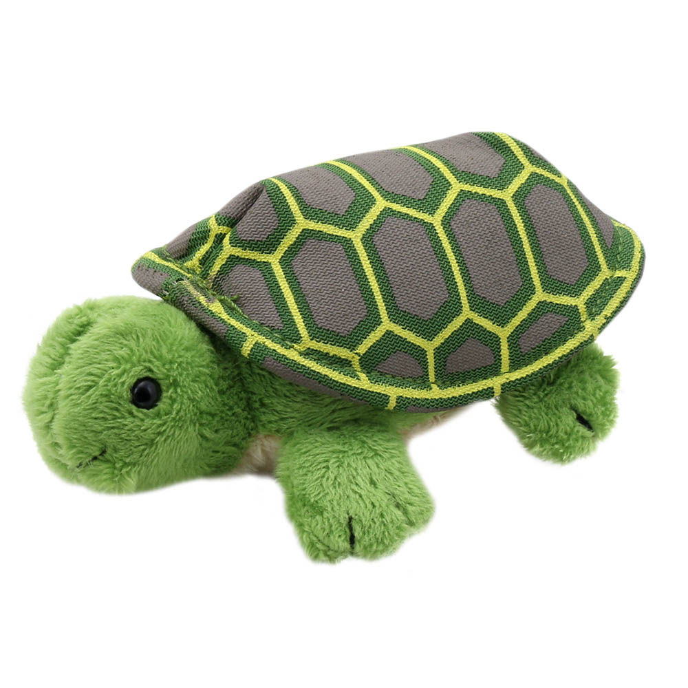 The Puppet Company Fingerpuppe Schildkröte, grüner Panzer aus Stoff mit gelben Sechsecken, Seitenansicht