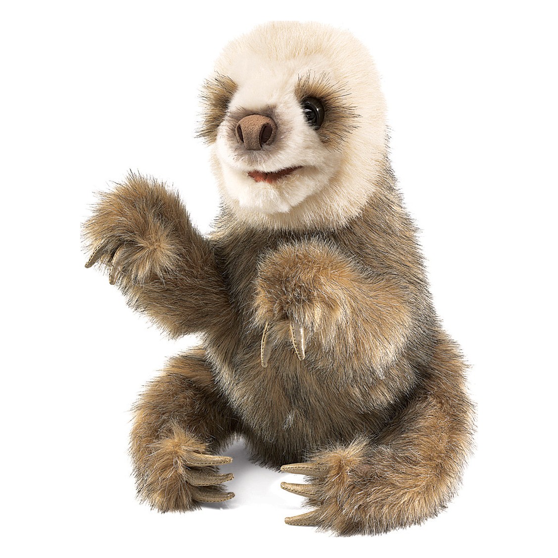 Folkmanis baby sloth hand puppet seated, brown-beige fur, raised claw, front view
