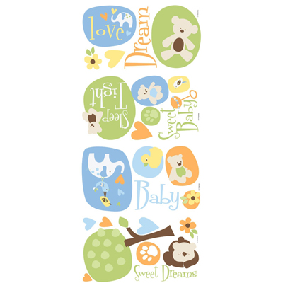 RoomMates Wandsticker Modern Baby, vier Klebebögen mit Baby-Tiermotiven, Herzen und Schriftzügen auf weißem Untergrund