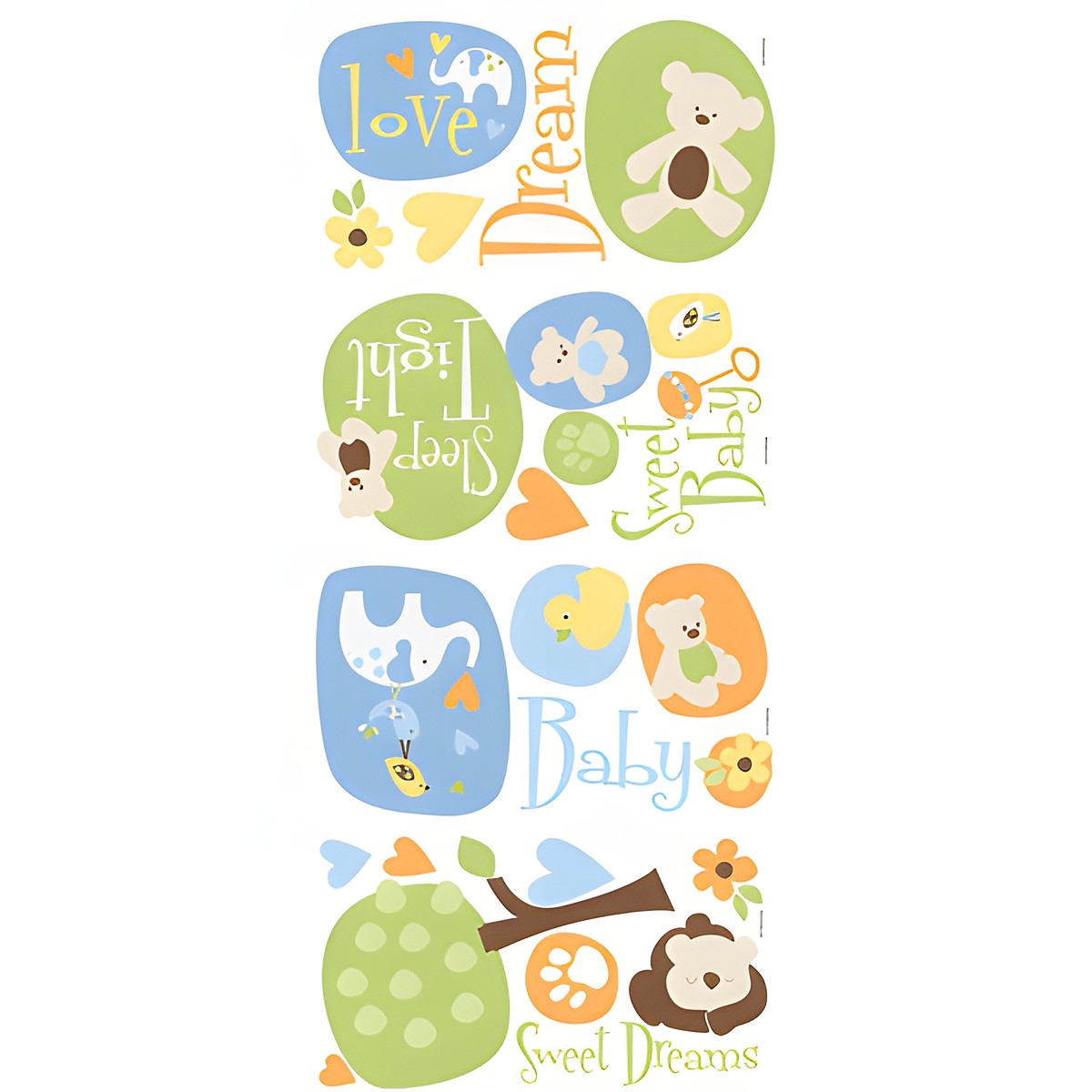 RoomMates Wandsticker Modern Baby, vier Klebebögen mit Baby-Tiermotiven, Herzen und Schriftzügen auf weißem Untergrund
