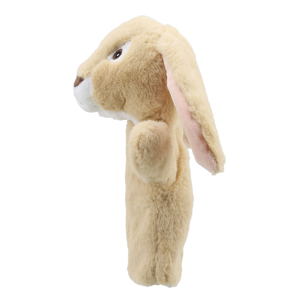 The Puppet Company baby hand puppet lop-eared rabbit, beige rabbit with a long floppy ear and pink nose, side view