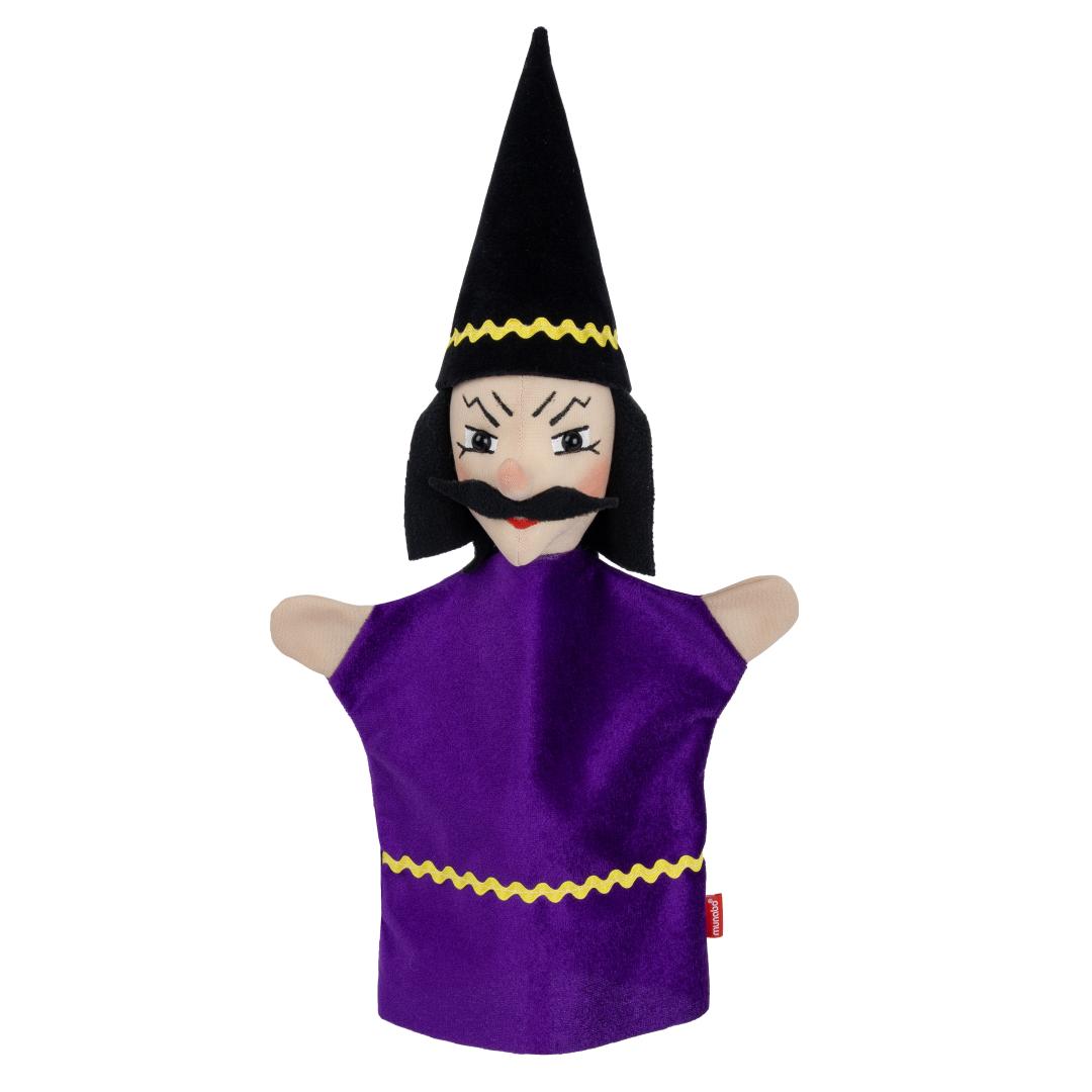 Kasperlepuppe Magier von munabo, Vorderansicht: violettes Gewand, schwarzer Spitzhut mit gelbem Band.