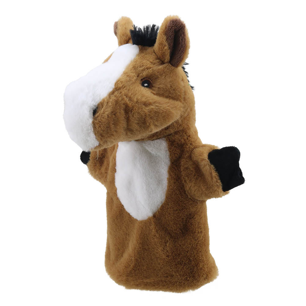 The Puppet Company baby hand puppet horse, brown horse with a white face and black forelock, close-up view