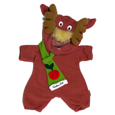 Elch-Outfit für Rubens Ark und Kids Puppen: rotbrauner Overall mit Elch-Kapuze und grünem Apfel-Schal