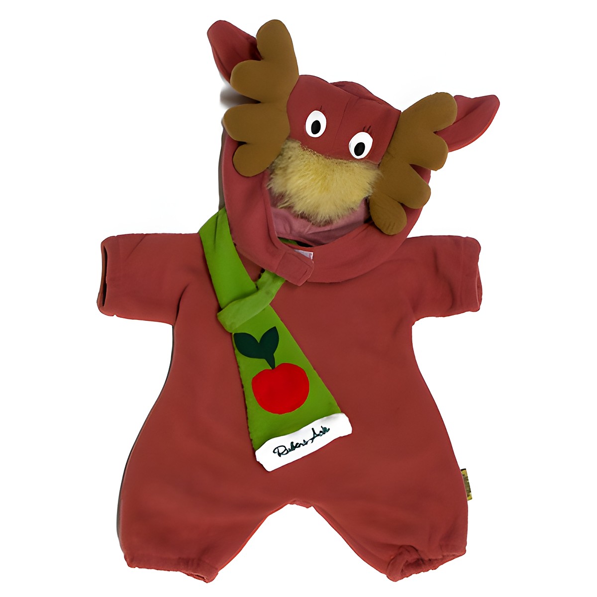 Moose outfit for Rubens Ark and Kids dolls: russet overall with moose hood and green apple scarf