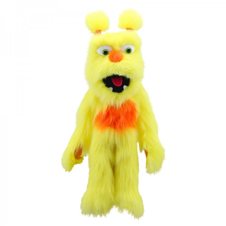 The Puppet Company Handpuppe Monster Gelb, gelbes zottiges Monster mit orangefarbenem Bauchfleck und geöffnetem Maul
