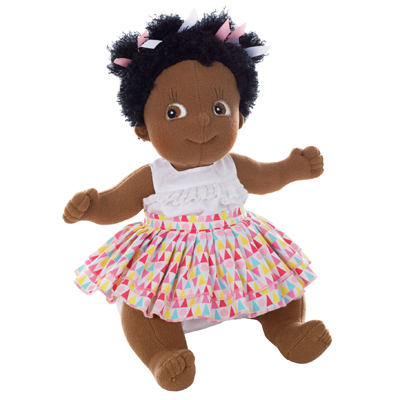 Rubens doll with white ruffled top and colourful triangle skirt