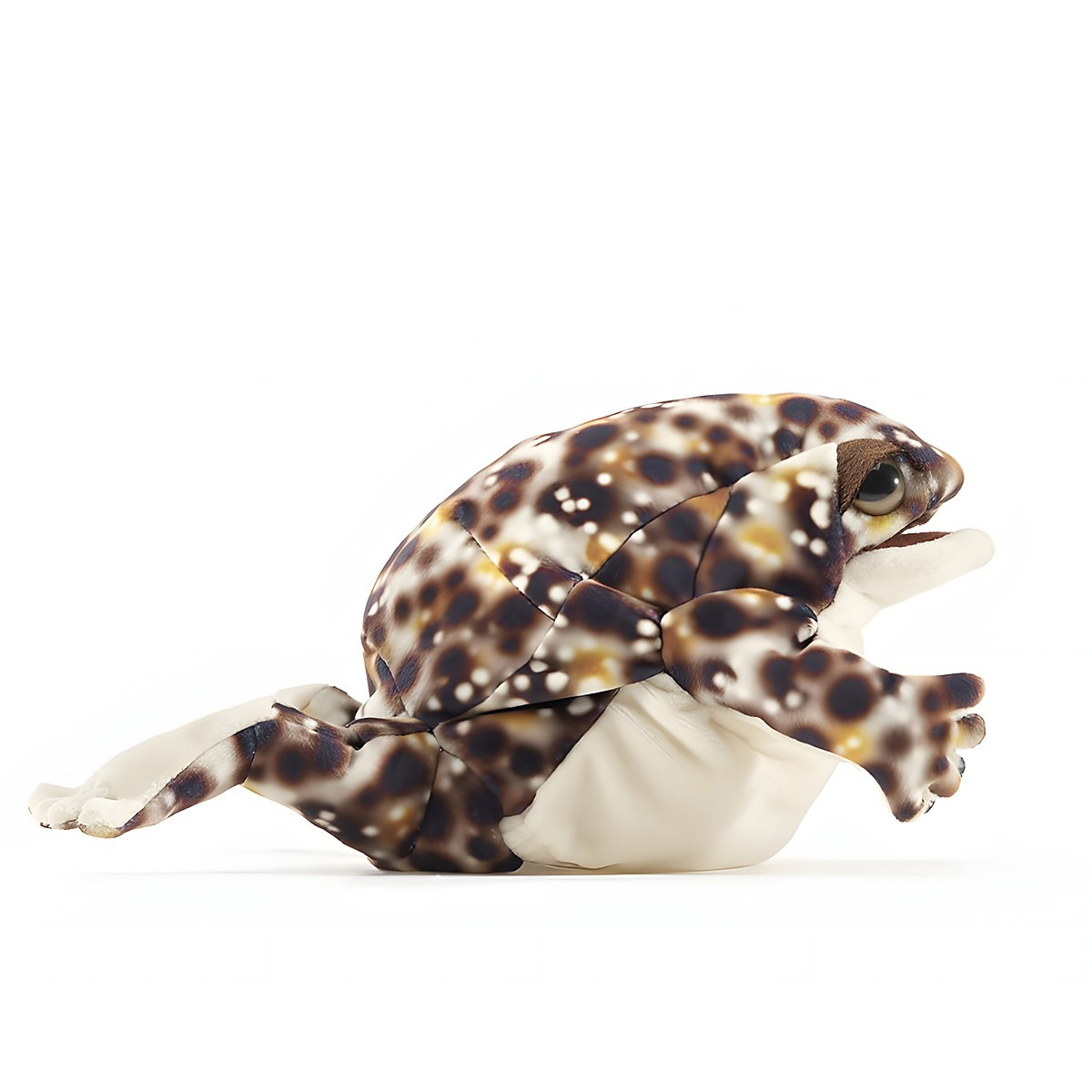 Folkmanis Handpuppe Wüstenregenfrosch in Seitenansicht, braun-weiß gefleckt mit gespreizten Beinen und geöffnetem Maul