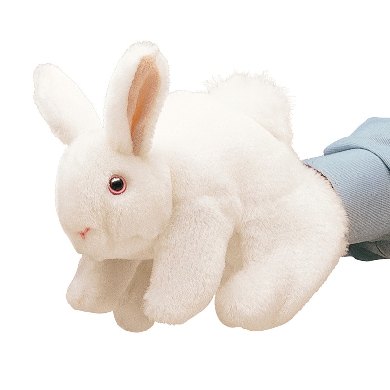 Folkmanis Handpuppe weißes Häschen mit rosa Augen und aufrechten Ohren, auf einer Hand geführt, Seitenansicht