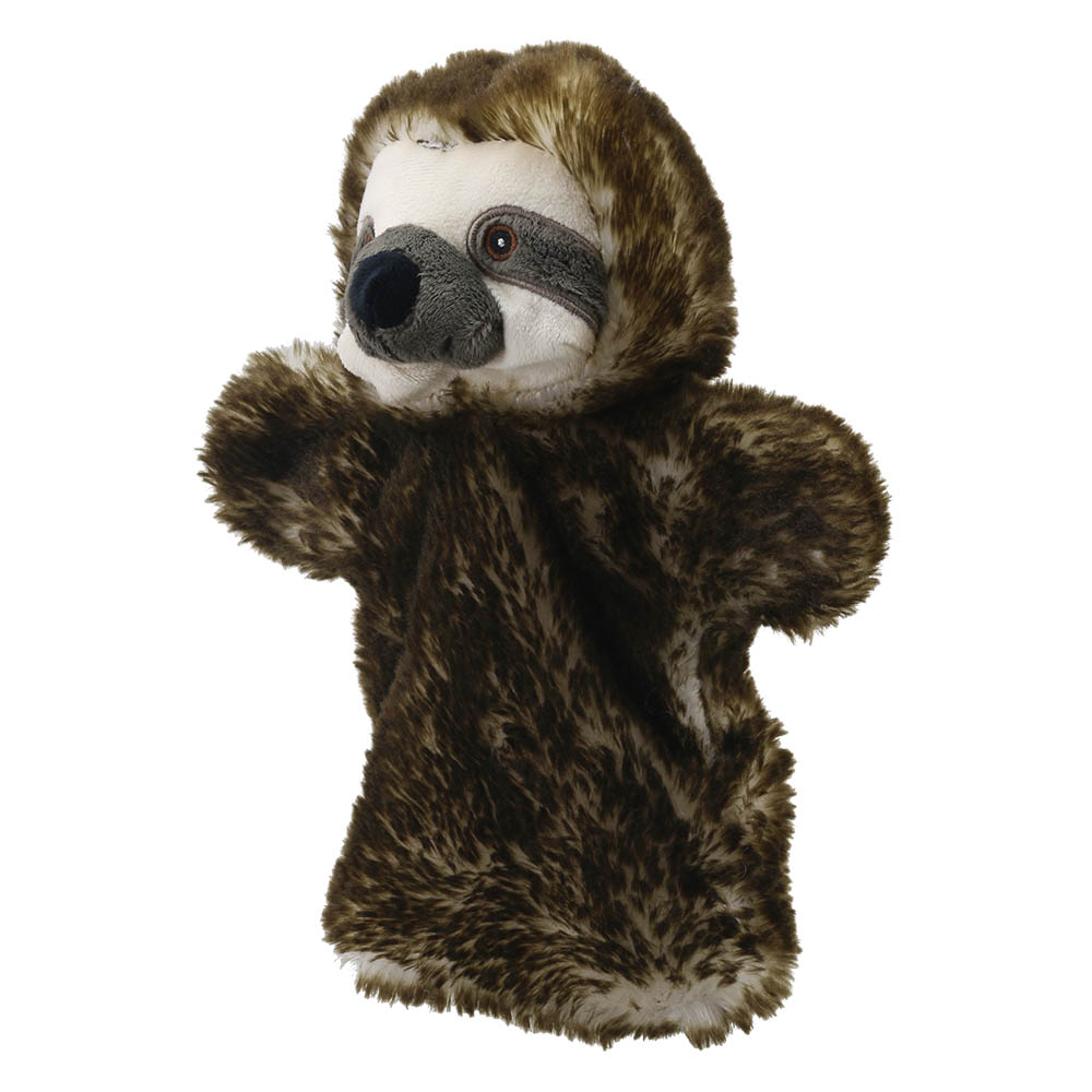 The Puppet Company baby hand puppet sloth, side view with a light snout and brown fur