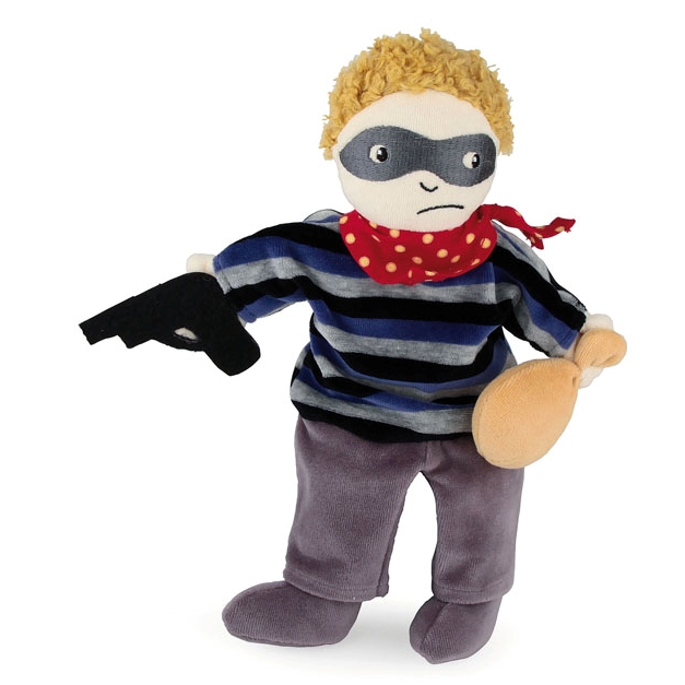 Egmont Toys hand puppet thief, striped sweater with red bandana, black eye mask, toy gun and money bag