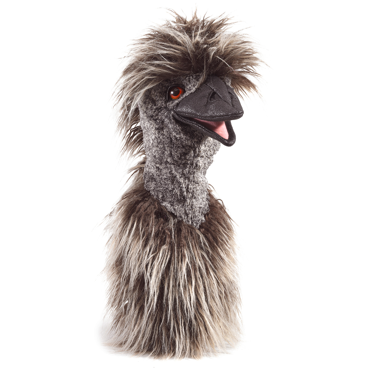 Folkmanis Emu-Handpuppe mit zerzaustem graubraunem Gefieder, geöffnetem Schnabel und roten Augen, Schrägansicht