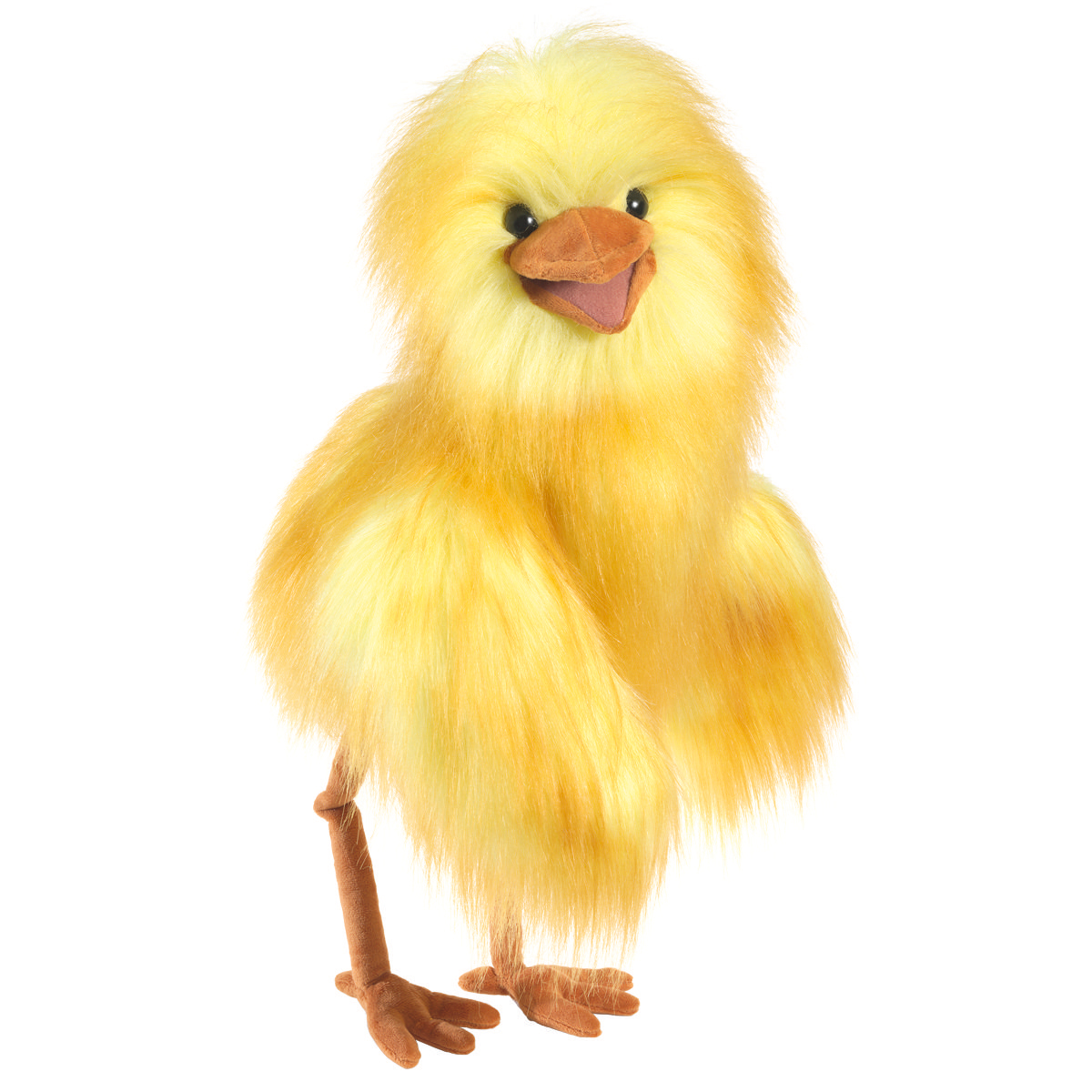 Folkmanis Handpuppe Lustiger Vogel als gelbes Küken mit fluffigem Fell, orangem Schnabel und braunen Beinchen in Schrägansicht