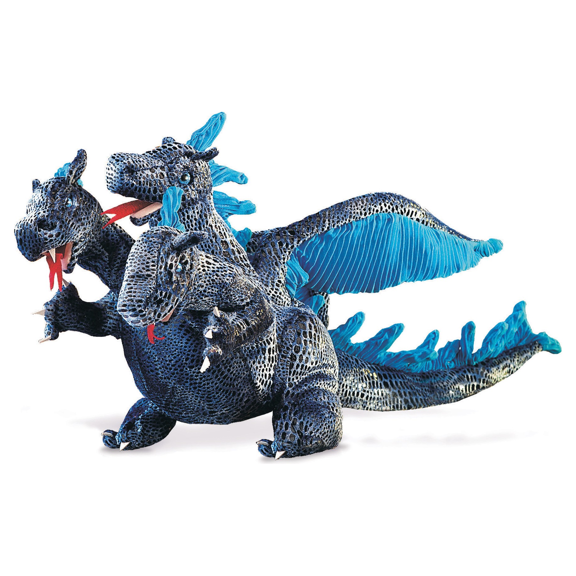 Folkmanis Handpuppe dreiköpfiger Drache in Dunkelblau mit leuchtend blauen Flügeln und roten Zungen, liegend, Seitenansicht