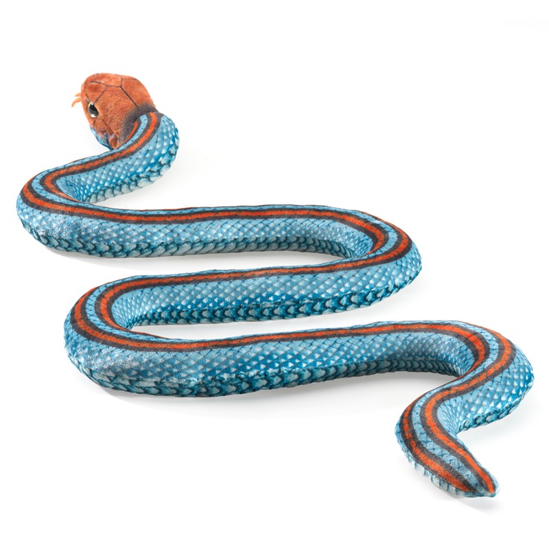 Folkmanis Fingerpuppe Strumpfbandnatter in Blau mit orangeroten Längsstreifen und rotem Kopf, in S-Form aufgerollt
