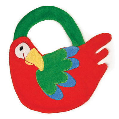 Egmont Toys bib parrot, red bird-shaped bib with green head, yellow beak and green neck strap