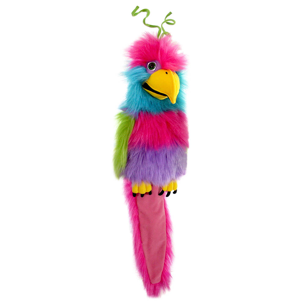 The Puppet Company Handpuppe Paradiesvogel mit Geräusch, pink-blau-grüner Vogel mit gelbem Schnabel und grünen Locken-Federn am Kopf