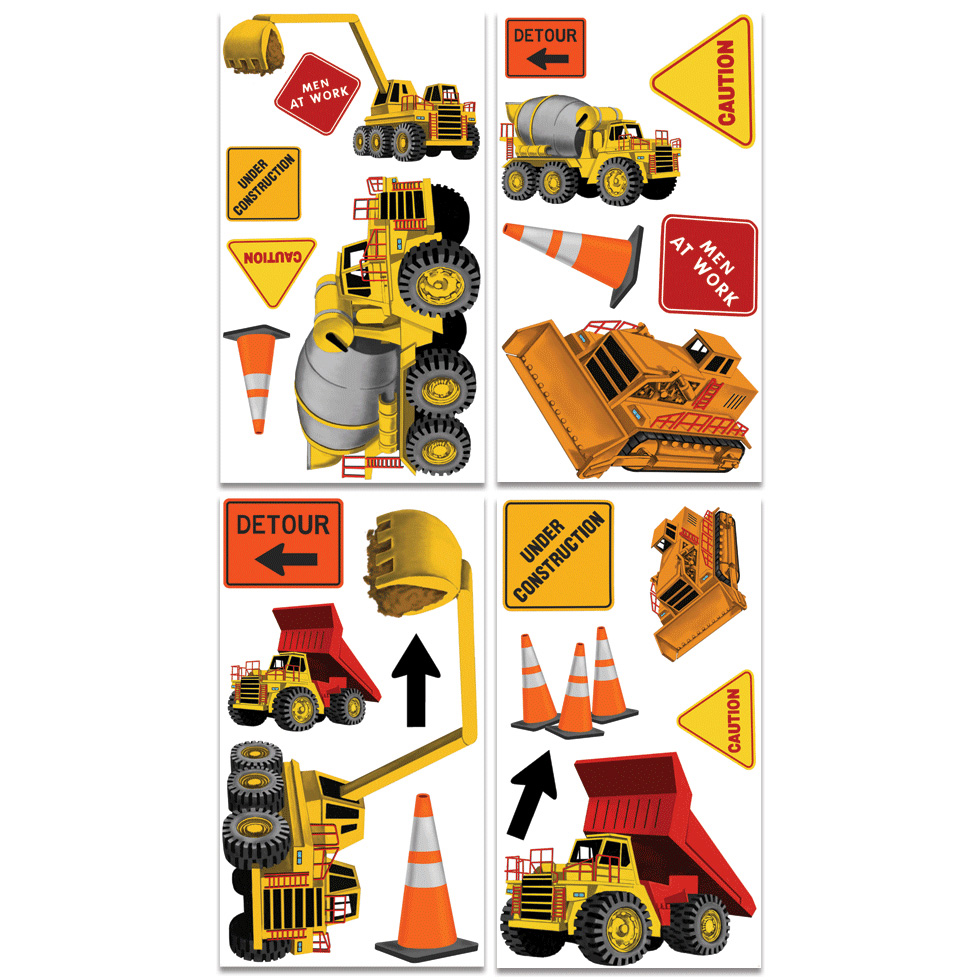 RoomMates Wandsticker Under Construction, vier Klebebögen mit Baustellenfahrzeug- und Warnschild-Motiven auf weißem Untergrund