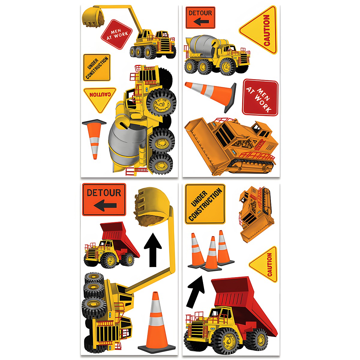 RoomMates wall decal Under Construction, four decal sheets with construction vehicle and warning sign motifs on a white background