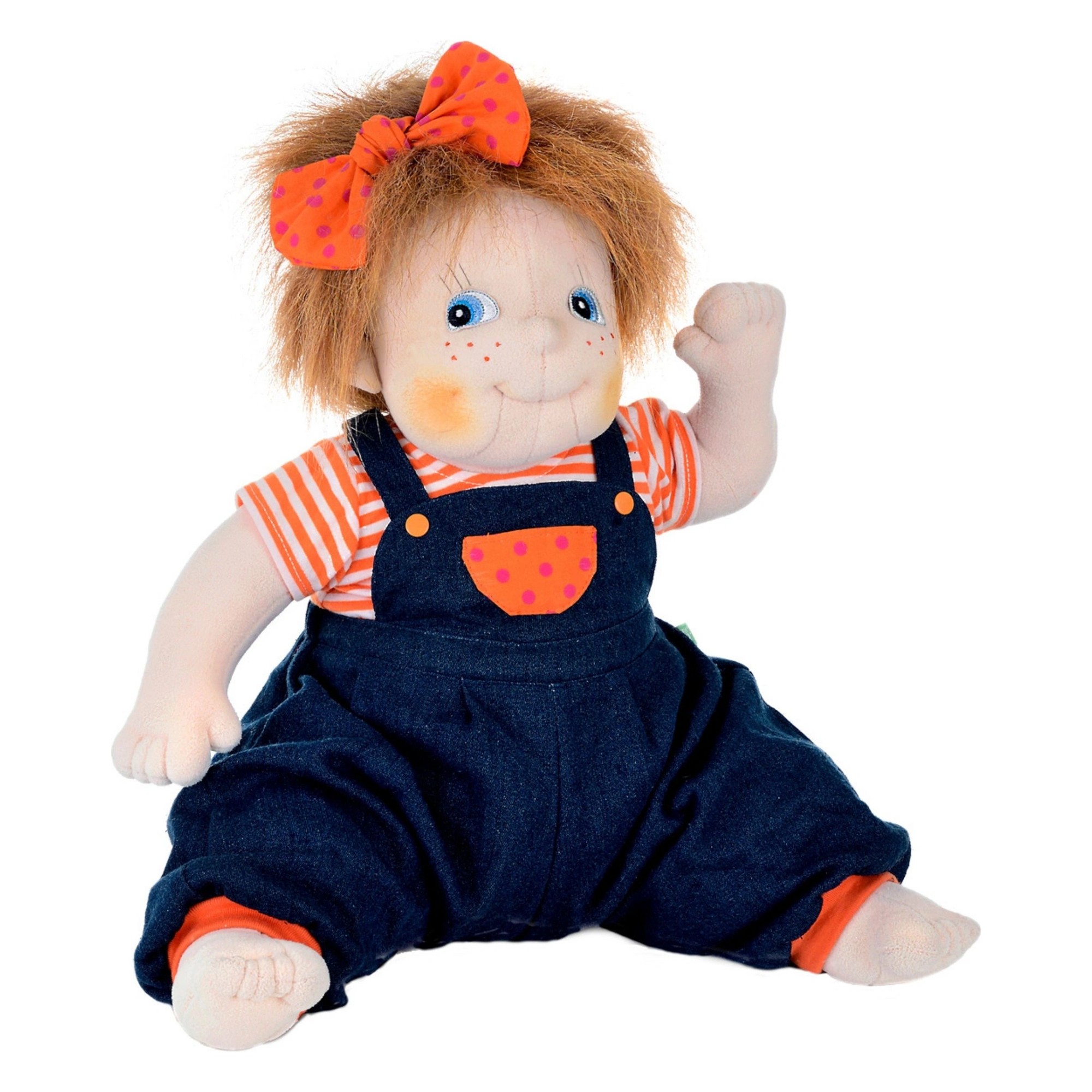 Rubens Barn Original-Puppe Anna mit Sommersprossen, orangefarbener Haarschleife und Jeans-Latzhose