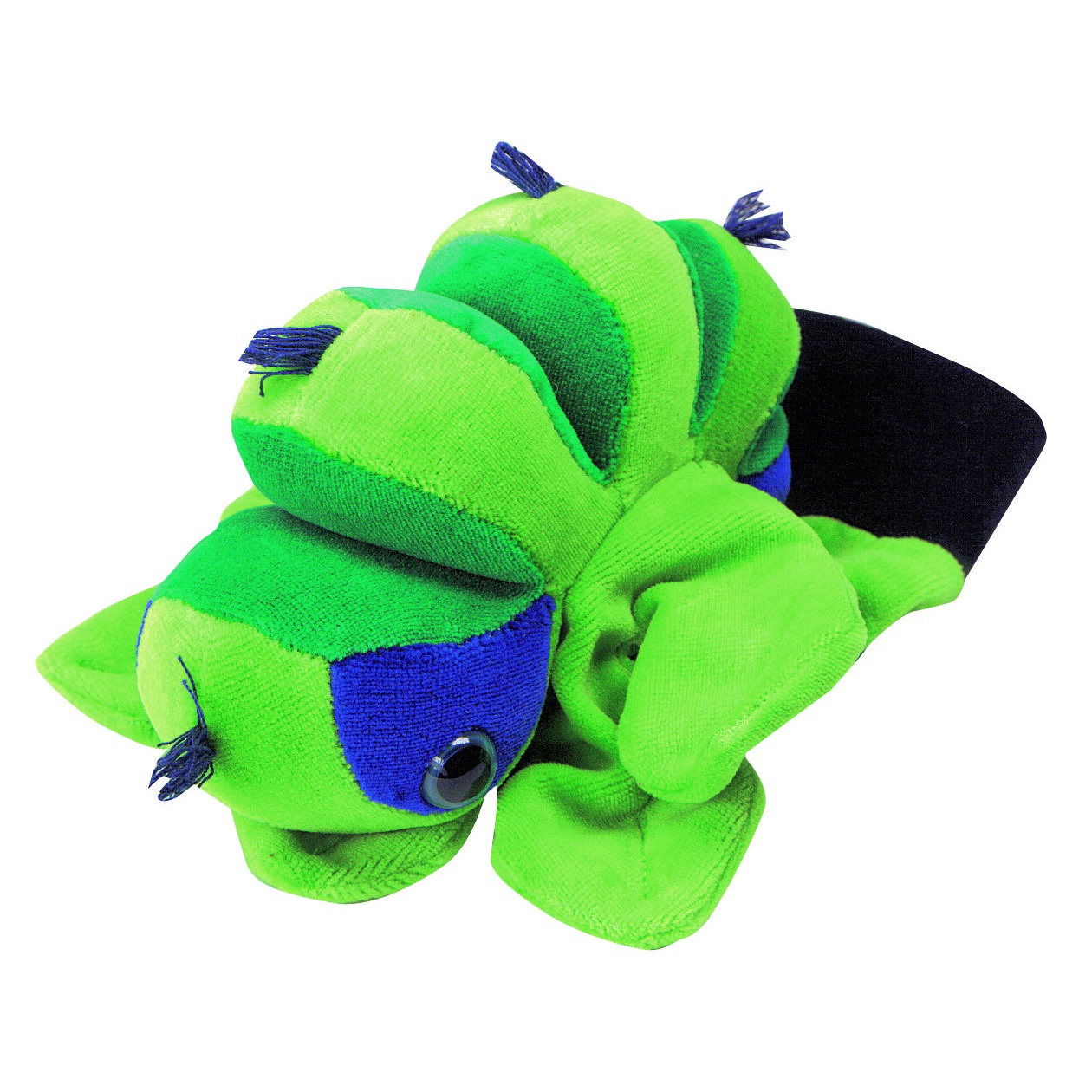 Beleduc Handpuppe Raupe mit grünem, geringeltem Körper und blauen Augenflecken