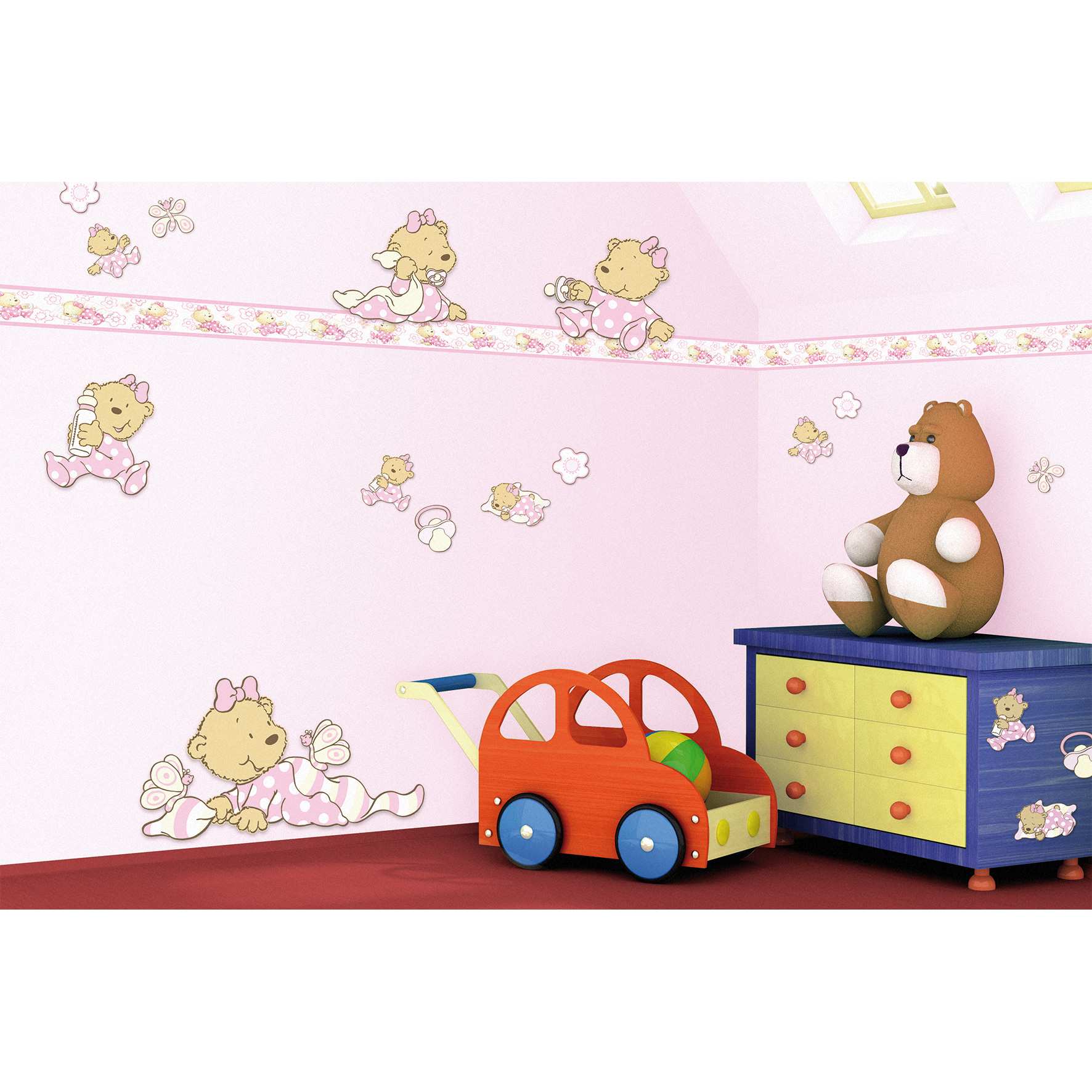Dinico Pitzelpatz Baby Rosa Wanddekoration im Kinderzimmer, Bärenmotiv-Bordüre über rosafarbener Wand mit rotem Spielzeugauto und blau-gelber Kommode