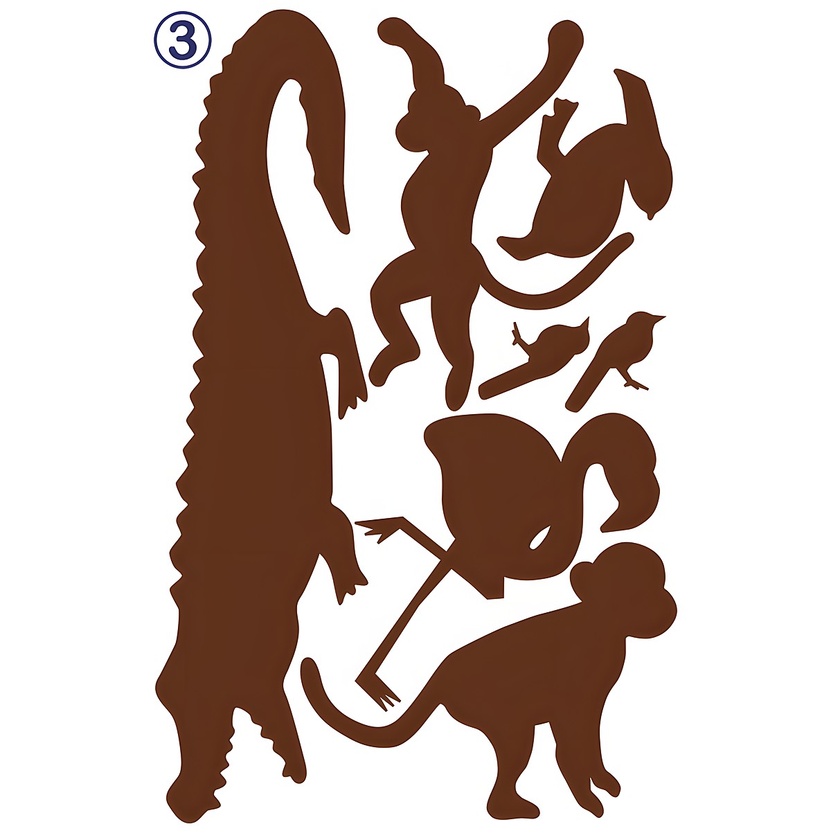 RoomMates Wandbild Animal Silhouettes Brown, Klebebogen mit Krokodil-, Affen- und Vogel-Silhouetten auf weißem Untergrund