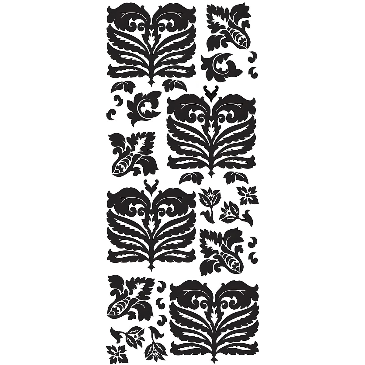 RoomMates wall decal Class A Peel & Stick, decal sheet with several black damask ornaments and leaf vine motifs on a white background
