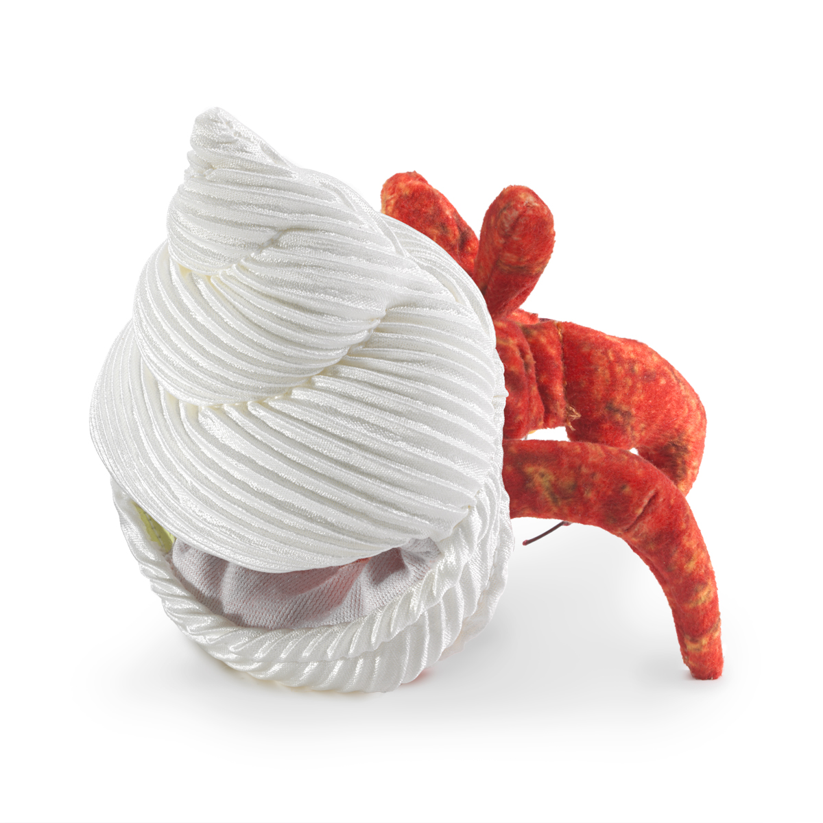Folkmanis mini hermit crab finger puppet seen from behind: white ribbed fabric shell with red legs visible on the side