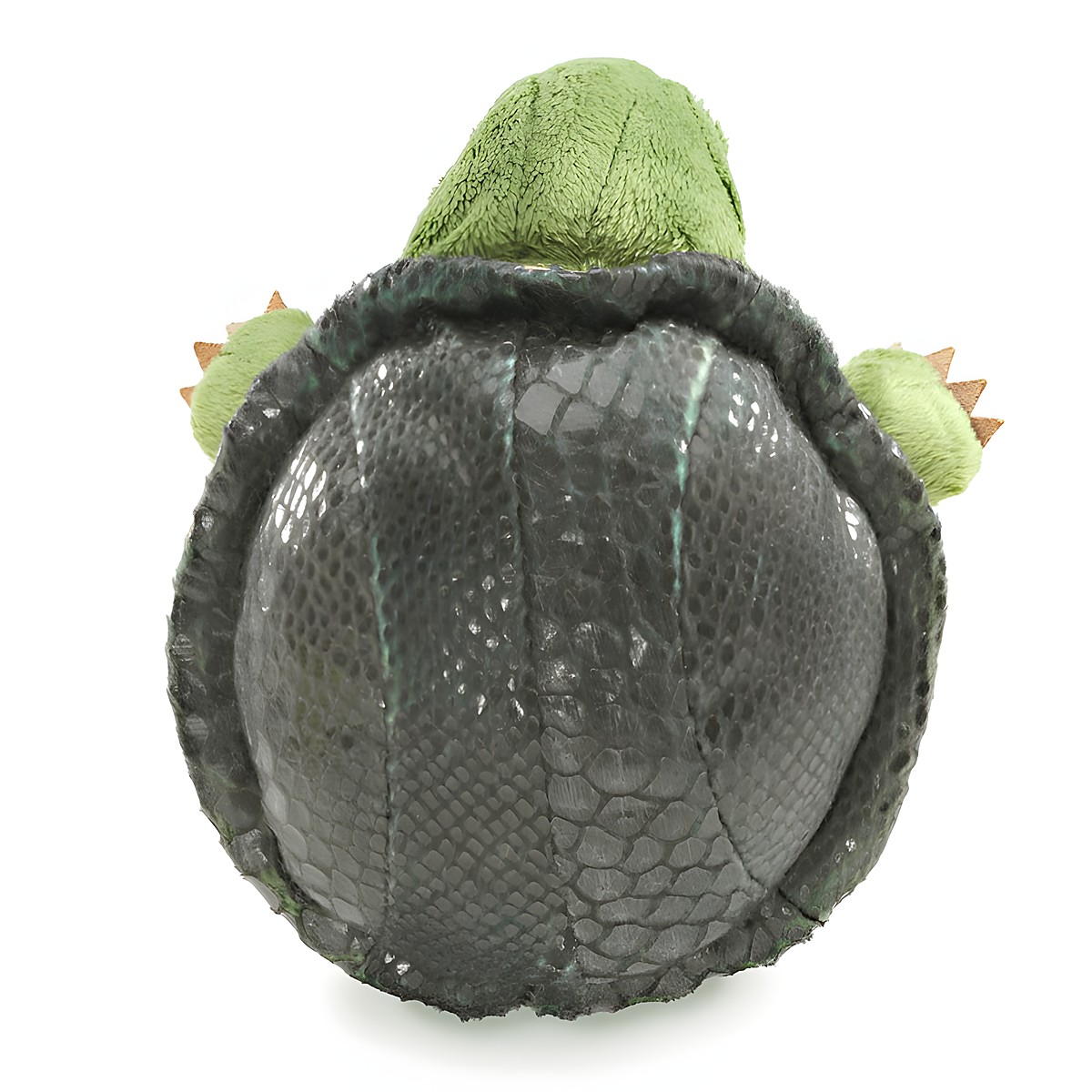 Folkmanis Handpuppe kleine Schildkröte von hinten mit dunkel gemustertem Panzer und grünem Plüschkopf