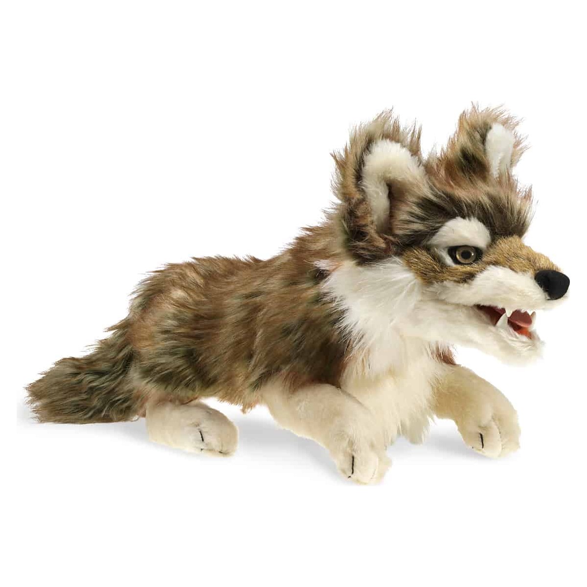Folkmanis grey wolf hand puppet with brown-grey fur, open mouth and teeth, lying down in side view