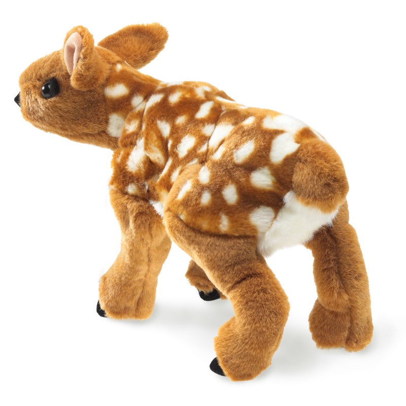 Folkmanis fawn hand puppet shown from the side, brown plush fur with white spots and black hooves