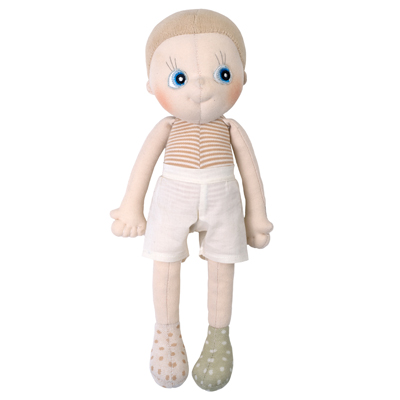 Rubens EcoBuds Puppe Aspen mit hellem Haar, Streifen-Top, weißen Shorts und gemusterten Schühchen
