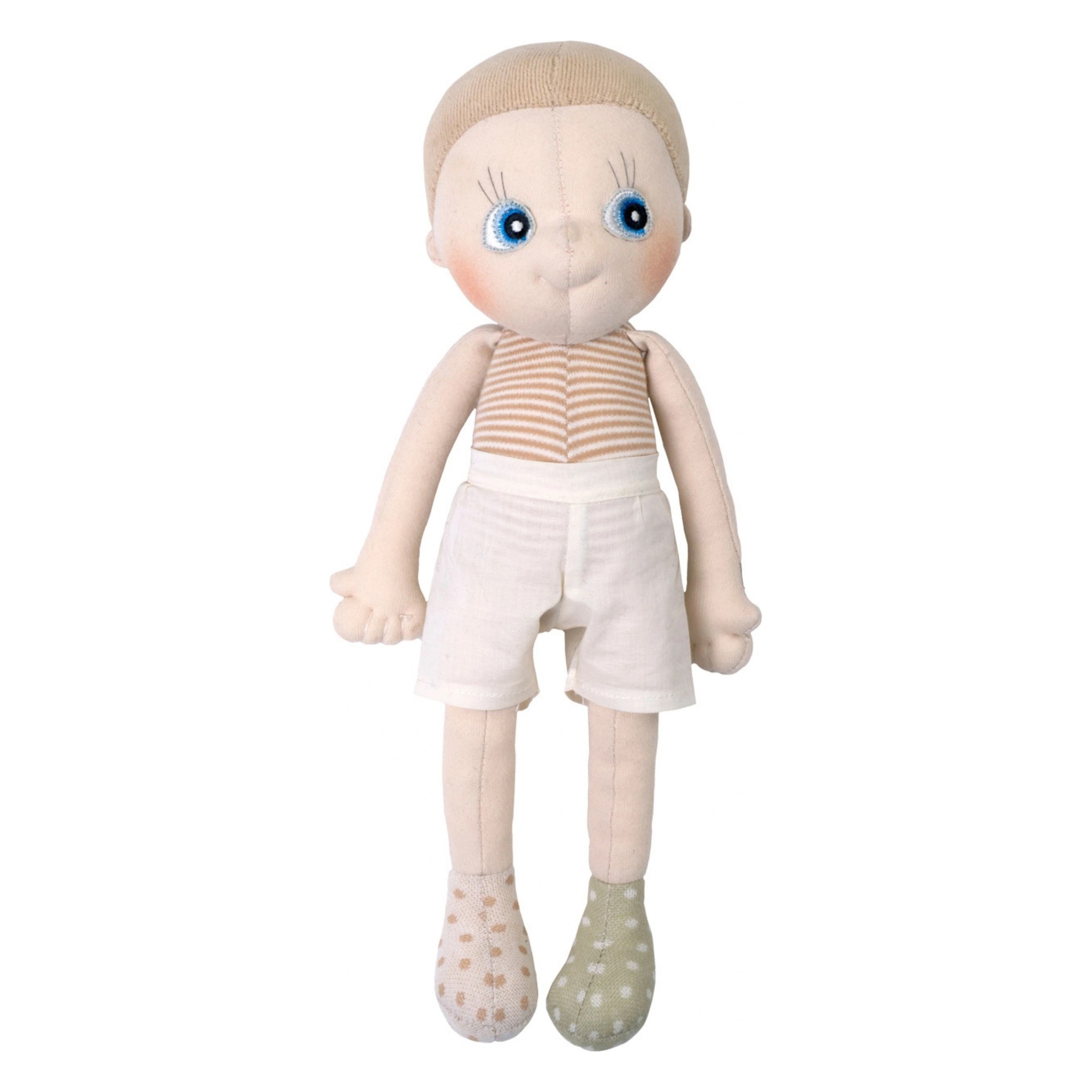 Rubens EcoBuds Puppe Aspen mit hellem Haar, Streifen-Top, weißen Shorts und gemusterten Schühchen