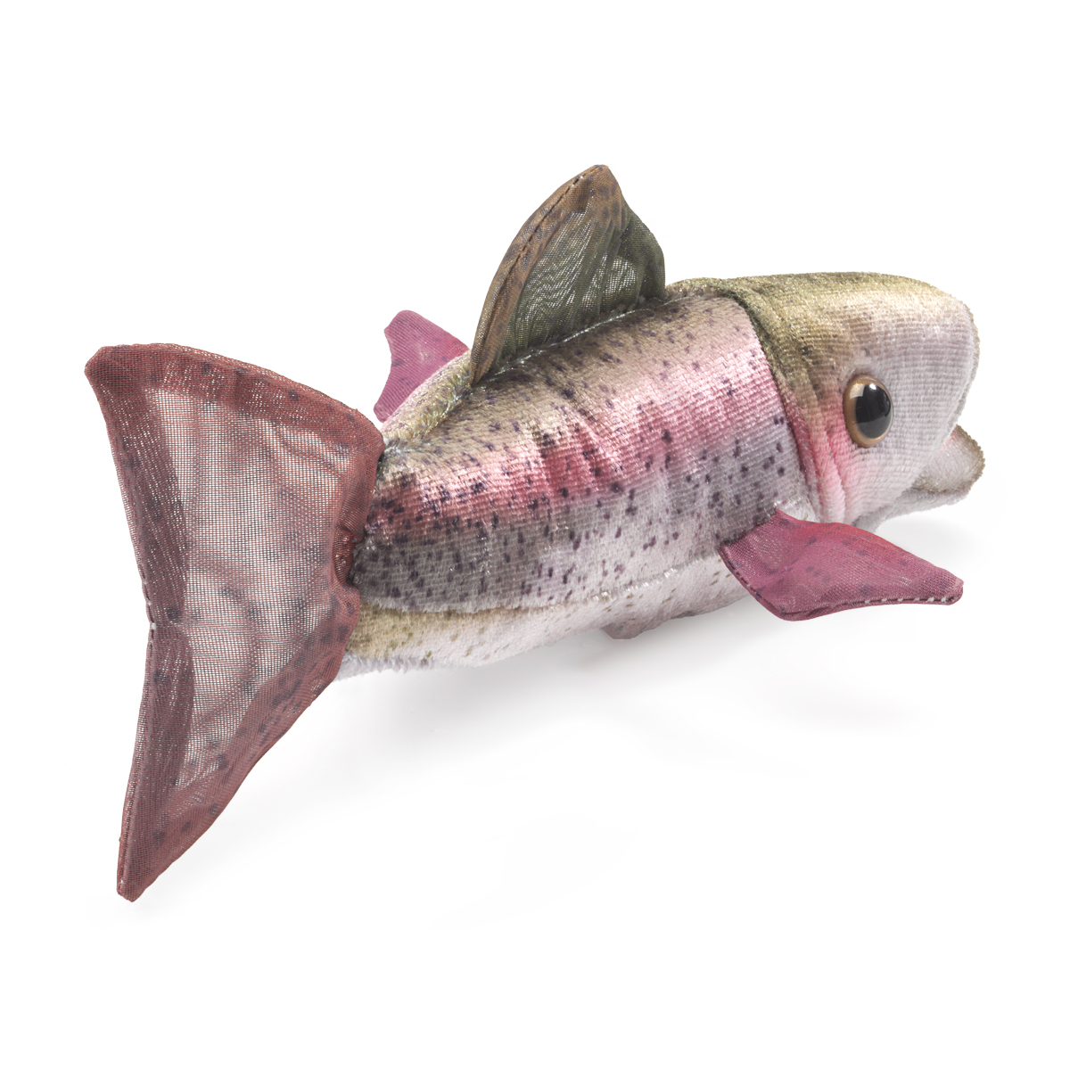 Folkmanis mini rainbow trout finger puppet with a shimmering pink-green plush body, dark spots and transparent fins, side view