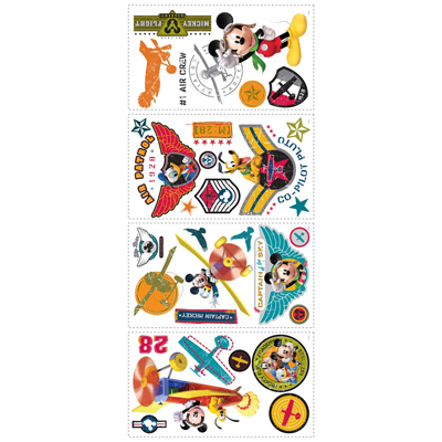 RoomMates wall decal Disney Mickey Mouse Clubhouse Pilot, four decal sheets with Mickey, Pluto and aeroplane motifs on a white background