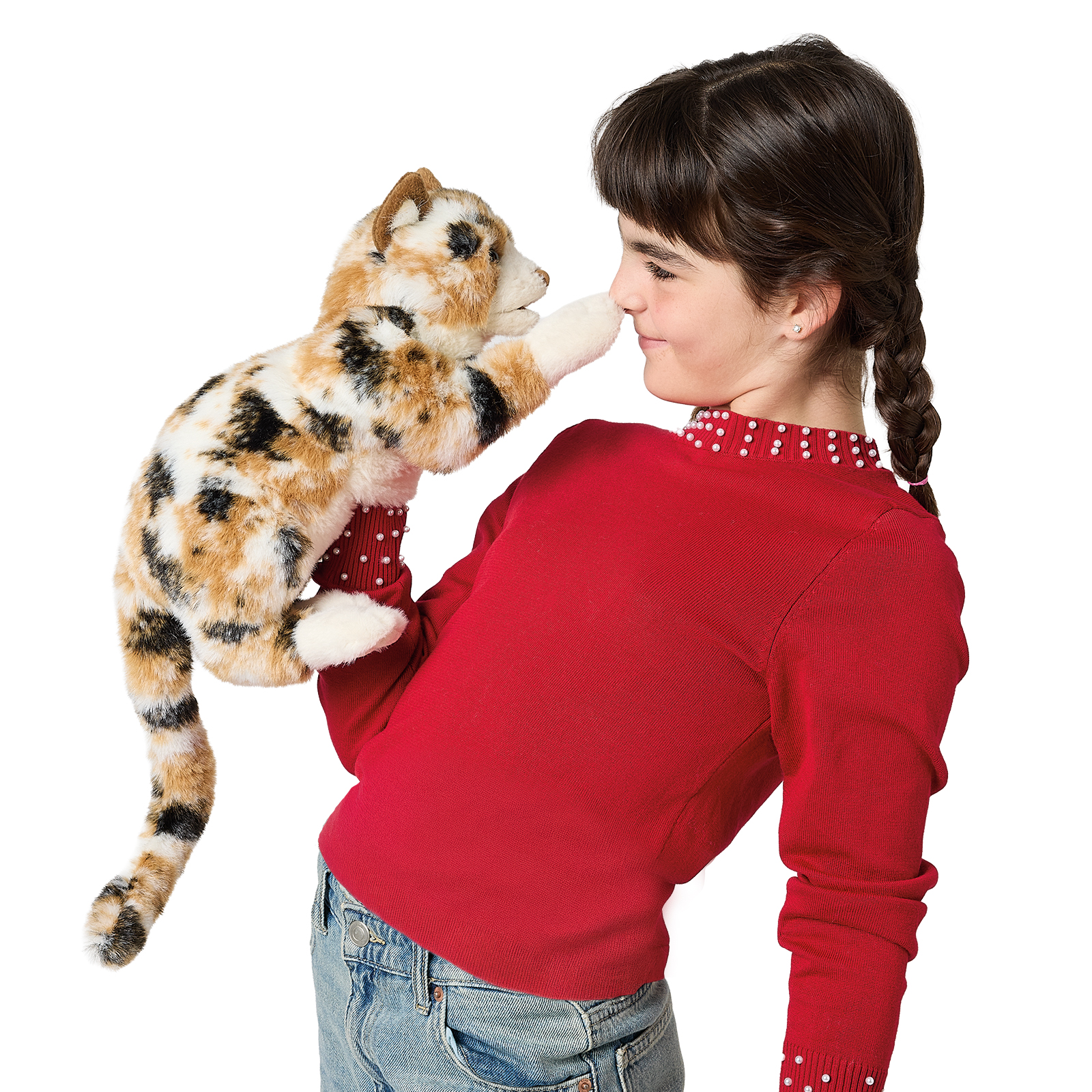 Folkmanis calico cat hand puppet with tricolour fur, held by a girl in a red jumper, with the cat touching her nose