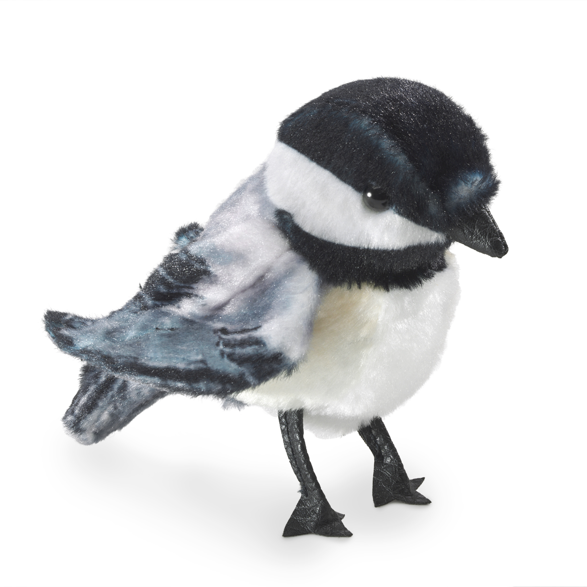 Folkmanis Mini Chickadee finger puppet in side view, white belly, blue-black plumage, black legs