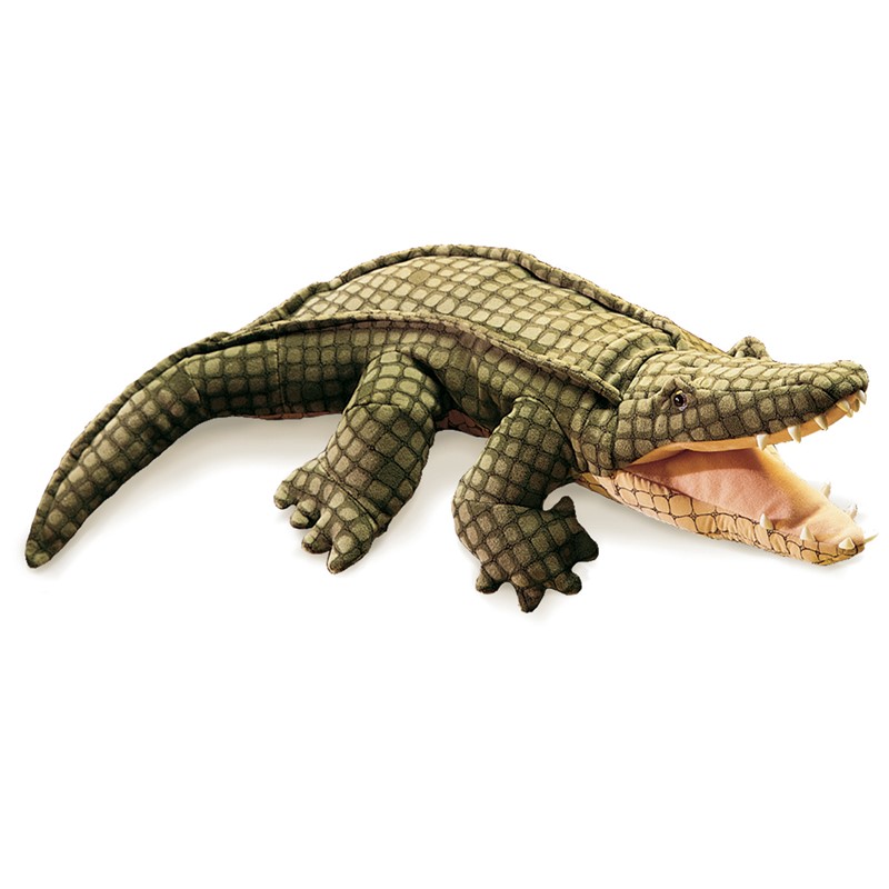 Folkmanis Krokodil-Handpuppe in Olivgrün mit detaillierter Schuppenstruktur und weit geöffnetem Maul, Seitenansicht