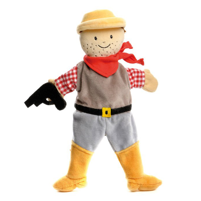 Egmont Toys hand puppet cowboy, checked shirt with red bandana, grey waistcoat and trousers, yellow hat and boots, with toy gun