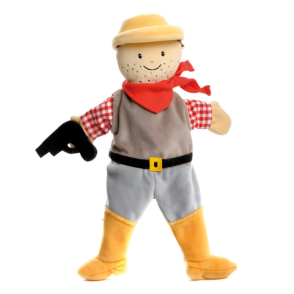 Egmont Toys Handpuppe Cowboy, kariertes Hemd mit rotem Halstuch, grauer Weste und Hose, gelbem Hut und Stiefeln, mit Spielzeugpistole