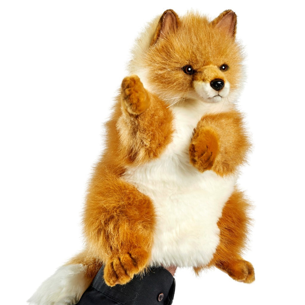 Fuchs Handpuppe von Hansa Creation mit orangerotem Fell, weißer Brust und buschigem Schwanz