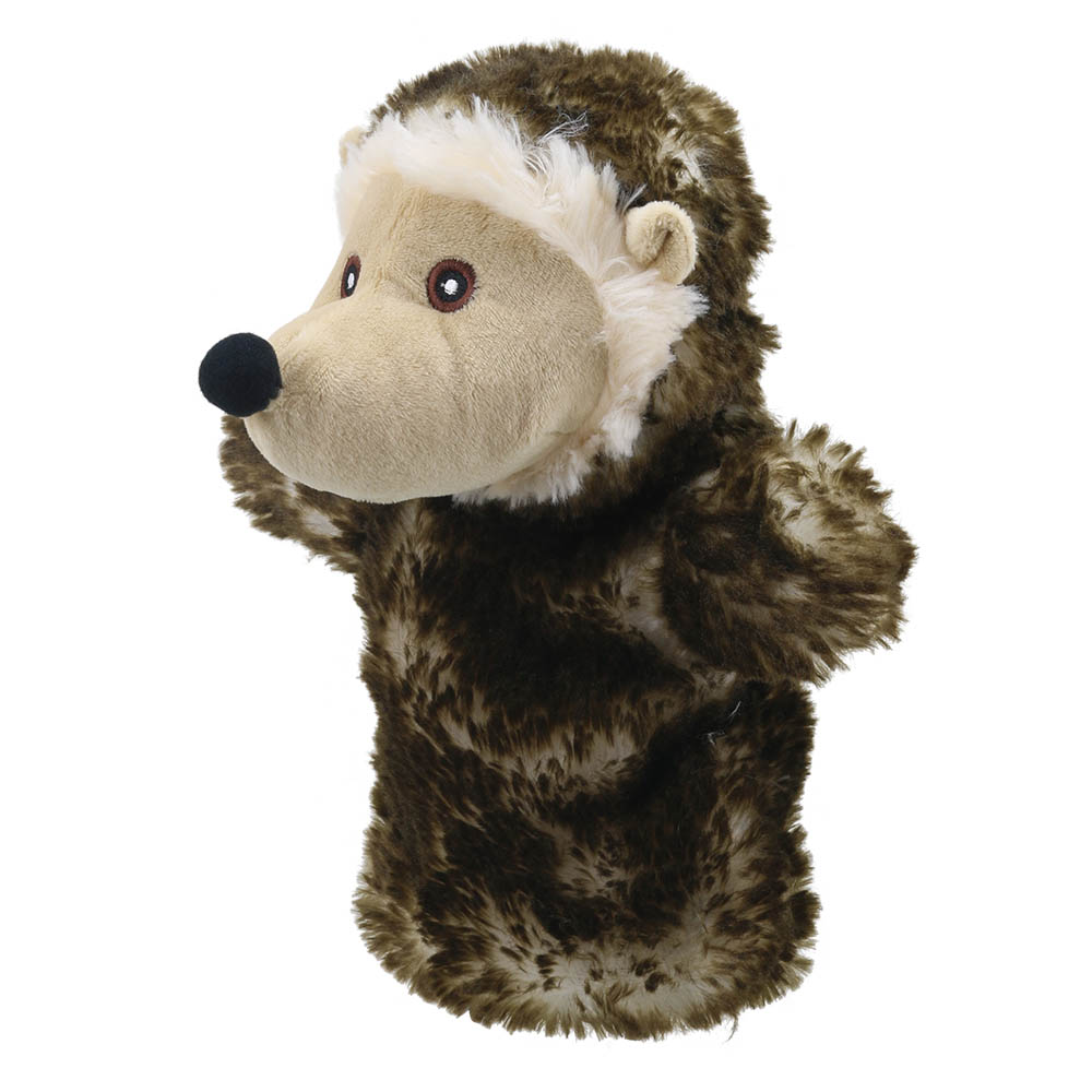 The Puppet Company baby hand puppet hedgehog, front view with a light face mask and black nose