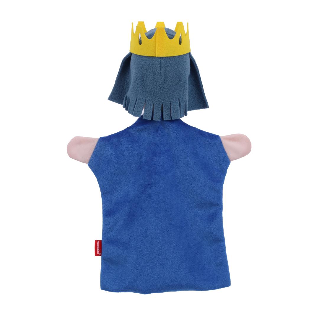 Kasperlepuppe König von munabo, Rückansicht mit Krone und grauem Haarschopf über dem blauen Gewand.