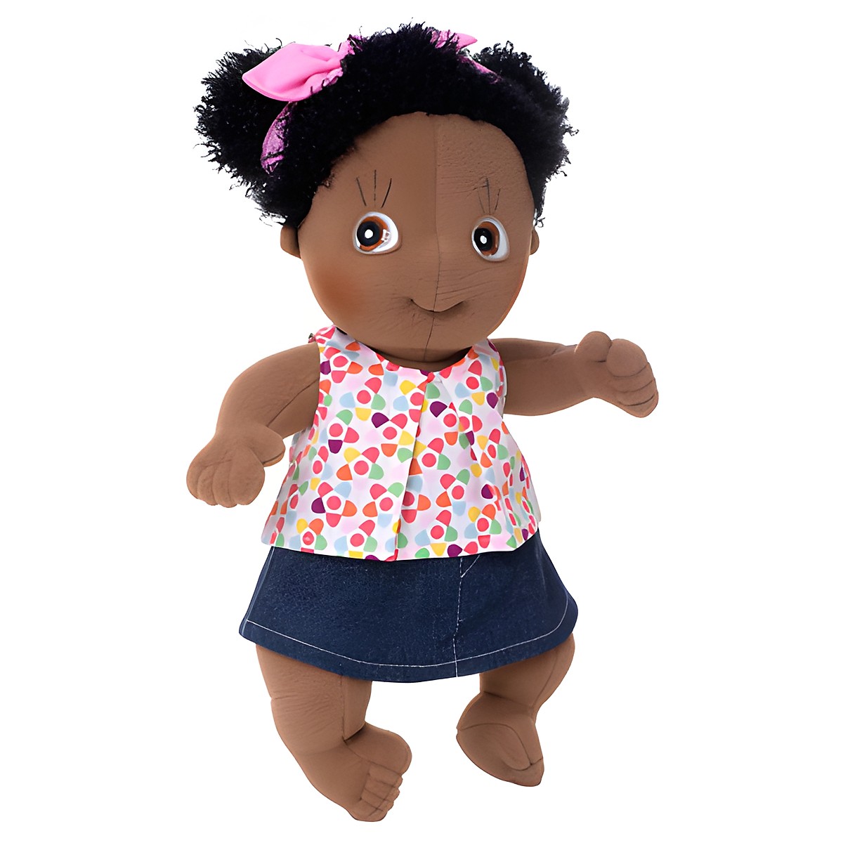 Rubens Cutie Puppe im bunten Sommer-Outfit mit Jeansrock und pinker Schleife