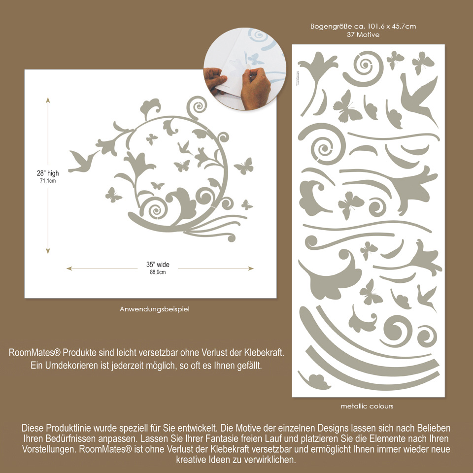 RoomMates wall decal Graphic Oval Peel & Stick, decal sheet with silver-coloured vine and butterfly motifs on a white background