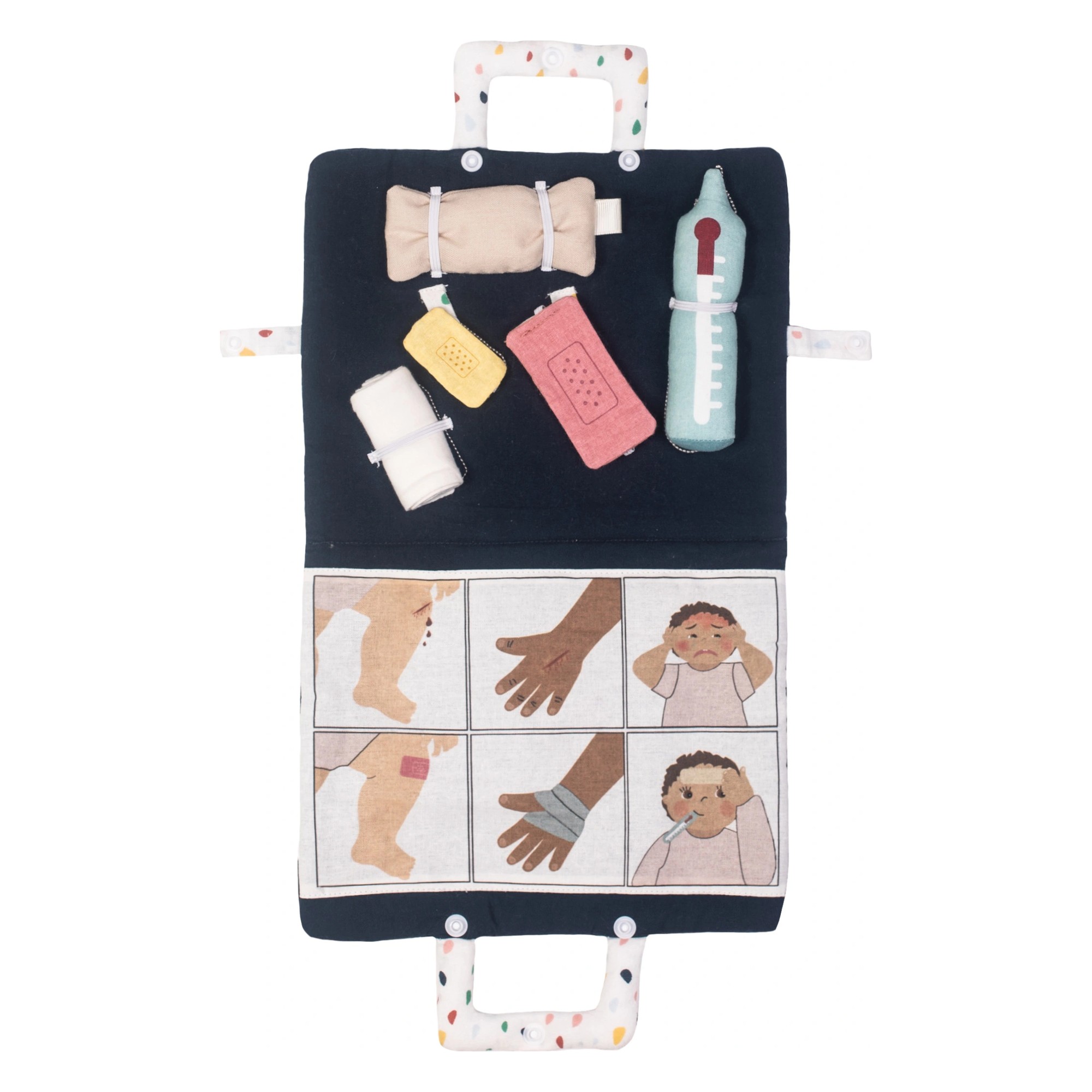 First aid set by Rubens Barn for baby dolls: fabric bag with bandage, plasters, thermometer and picture panels